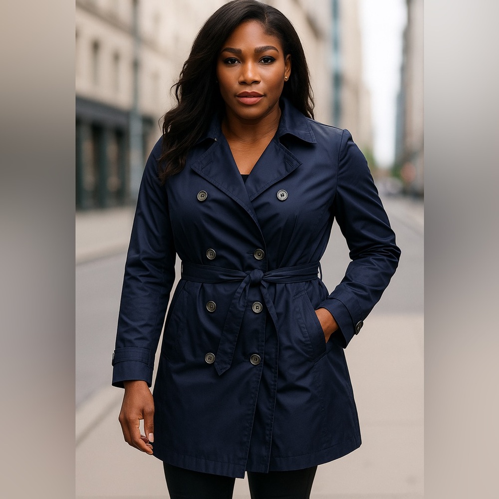 Serena Williams Navy Double-Breasted Trench Coat with Belt – Size L